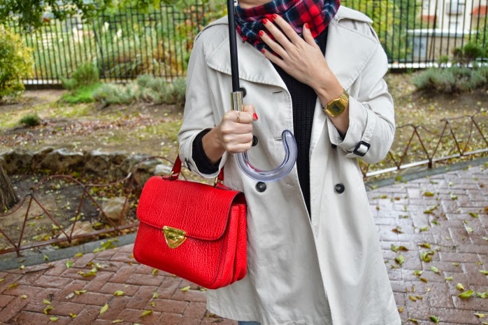 A trench coat + a plaid scarf + a red bag