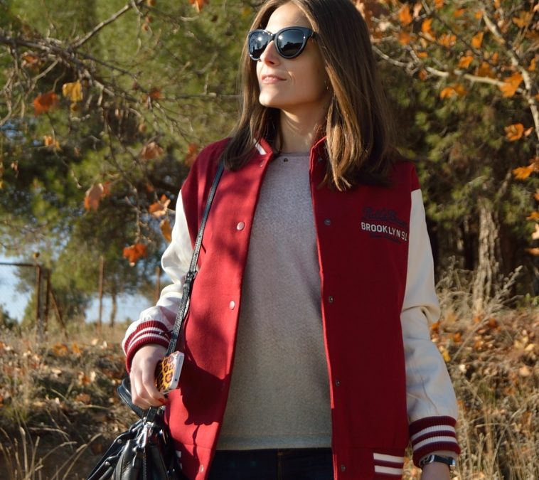 Burgundy bomber outfit