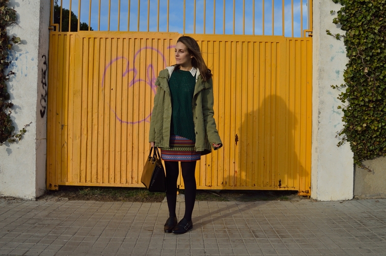 Ethnic skirt & green sweater