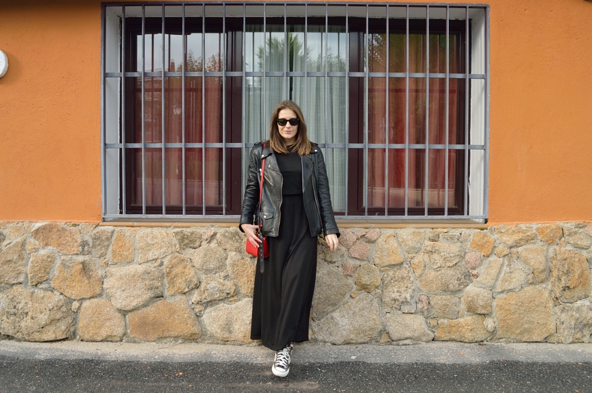 Leather jacket and black dress