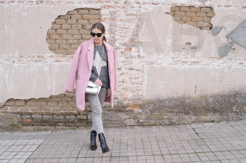 Pink coat, white bag